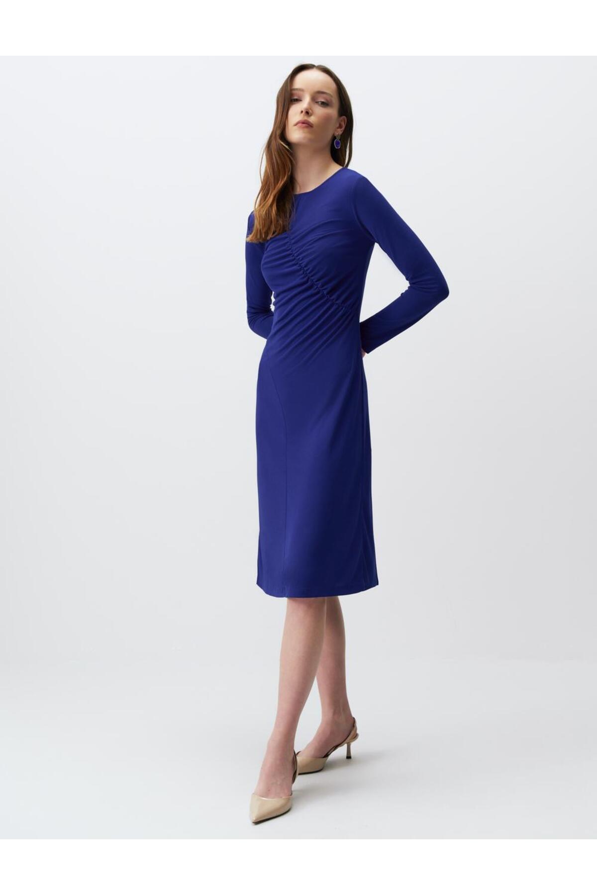 Jimmy Key Cobalt Window Detailed Long Sleeve Elegant Midi Dress