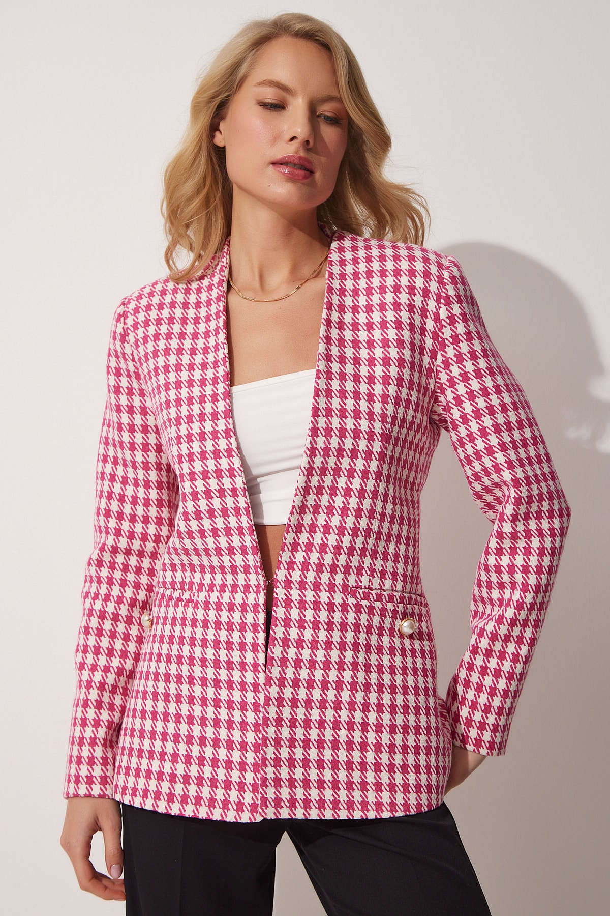 Happiness İstanbul Women's Pink Textured Houndstooth Patterned Blazer Jacket