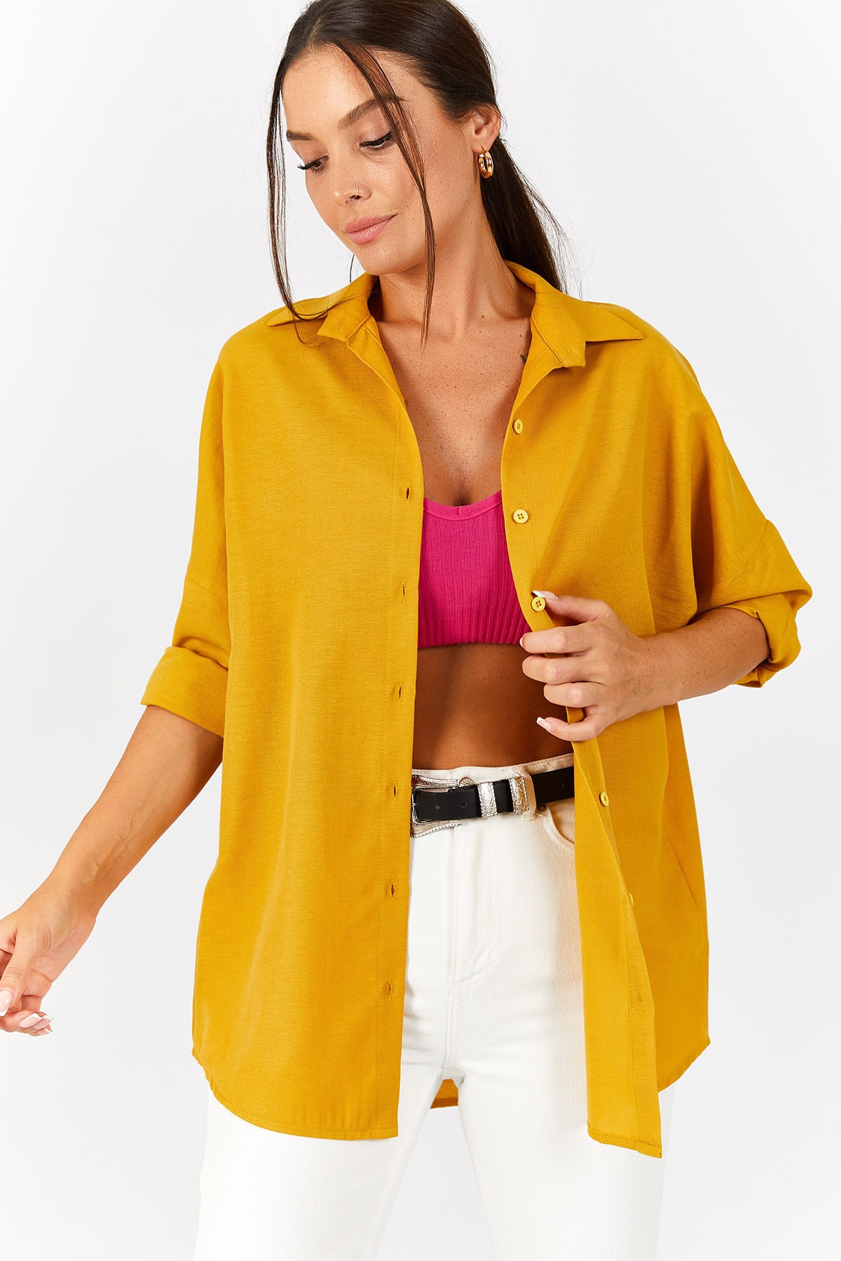 Levně armonika Women's Mustard Oversize Long Basic Shirt