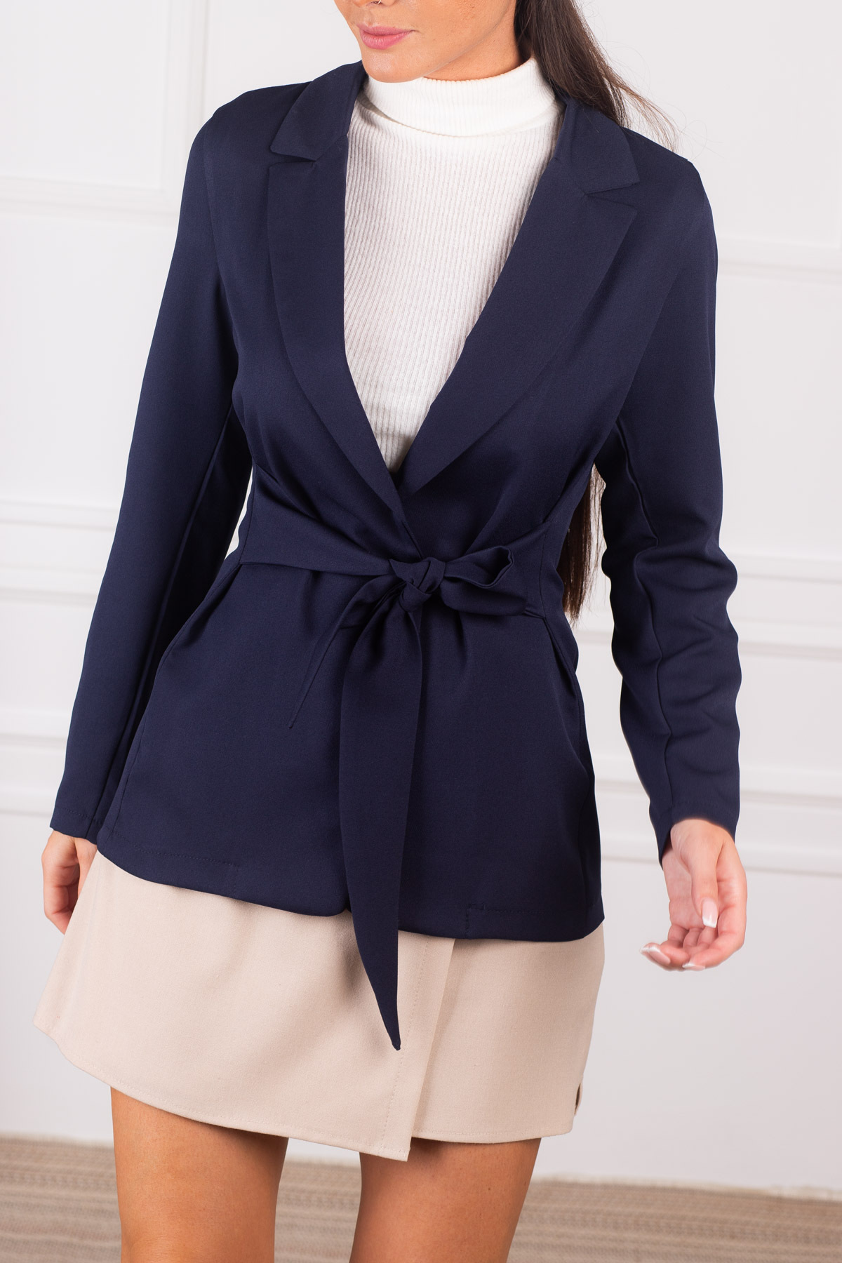 Levně armonika Women's Navy Blue Slit Sleeve Tie Front Jacket