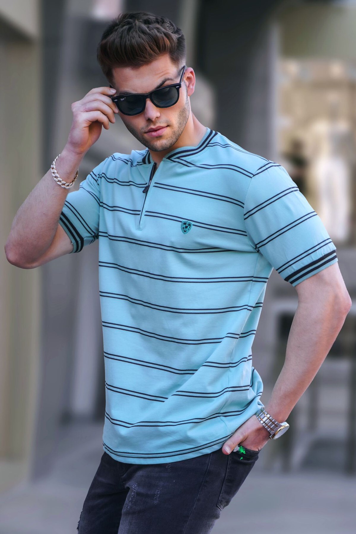 Levně Madmext Mint Green Striped Polo Neck Men's T-Shirt 5874