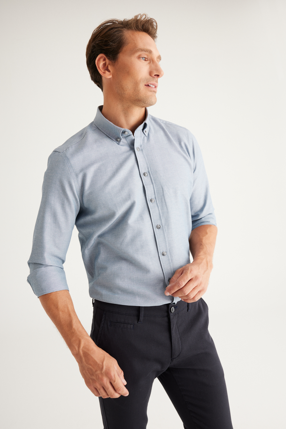 Levně AC&Co / Altınyıldız Classics Men's Gray Buttoned Collar Easy to Iron Cotton Slim Fit Slim Fit Oxford Shirt