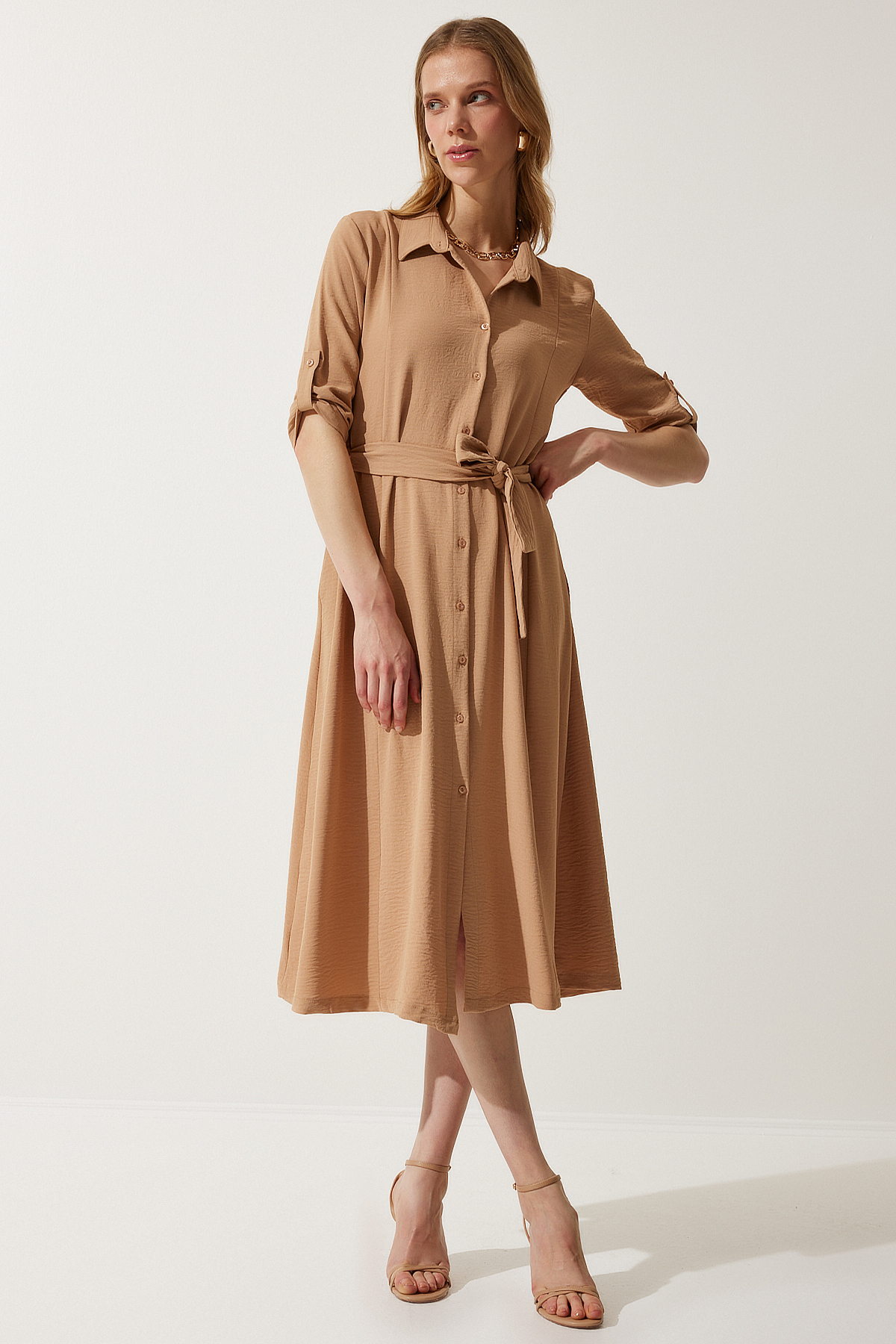 Happiness İstanbul Women Camel Belted Shirt Dress