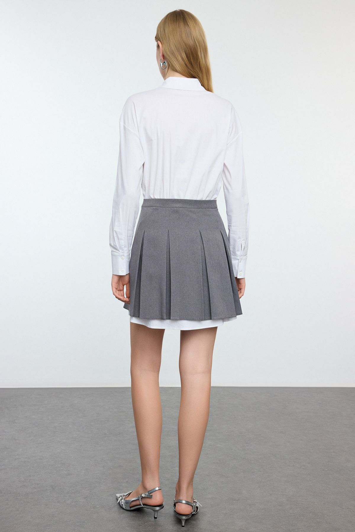 Trendyol Gray Pleated Skirt Detailed Skater/Beldan Opening Mini Woven Shirt Dress