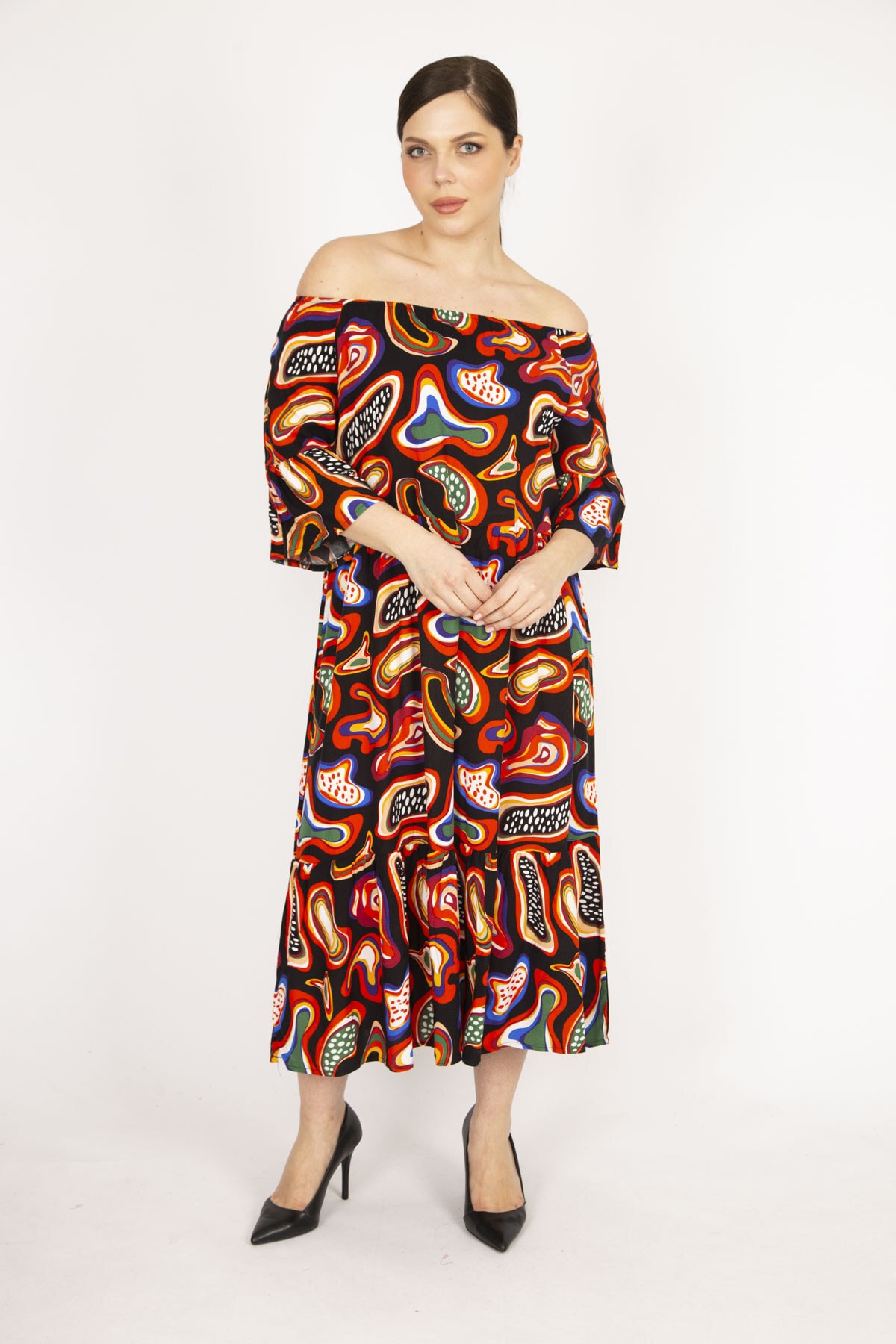 Levně Şans Women's Colorful Plus Size Woven Viscose Fabric Collar Elastic Sleeve And Gathered Hem Dress
