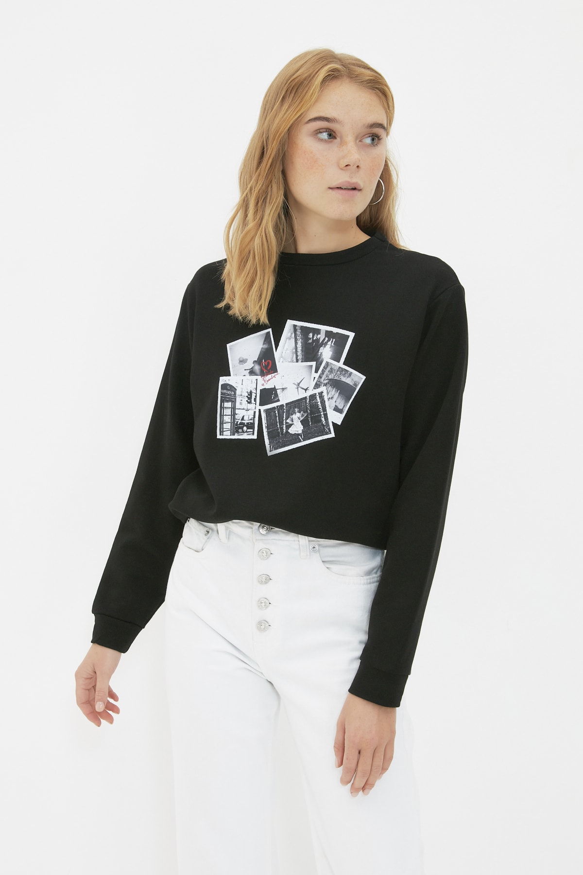 Trendyol Black Basic Printed Slim Knitted Sweatshirt