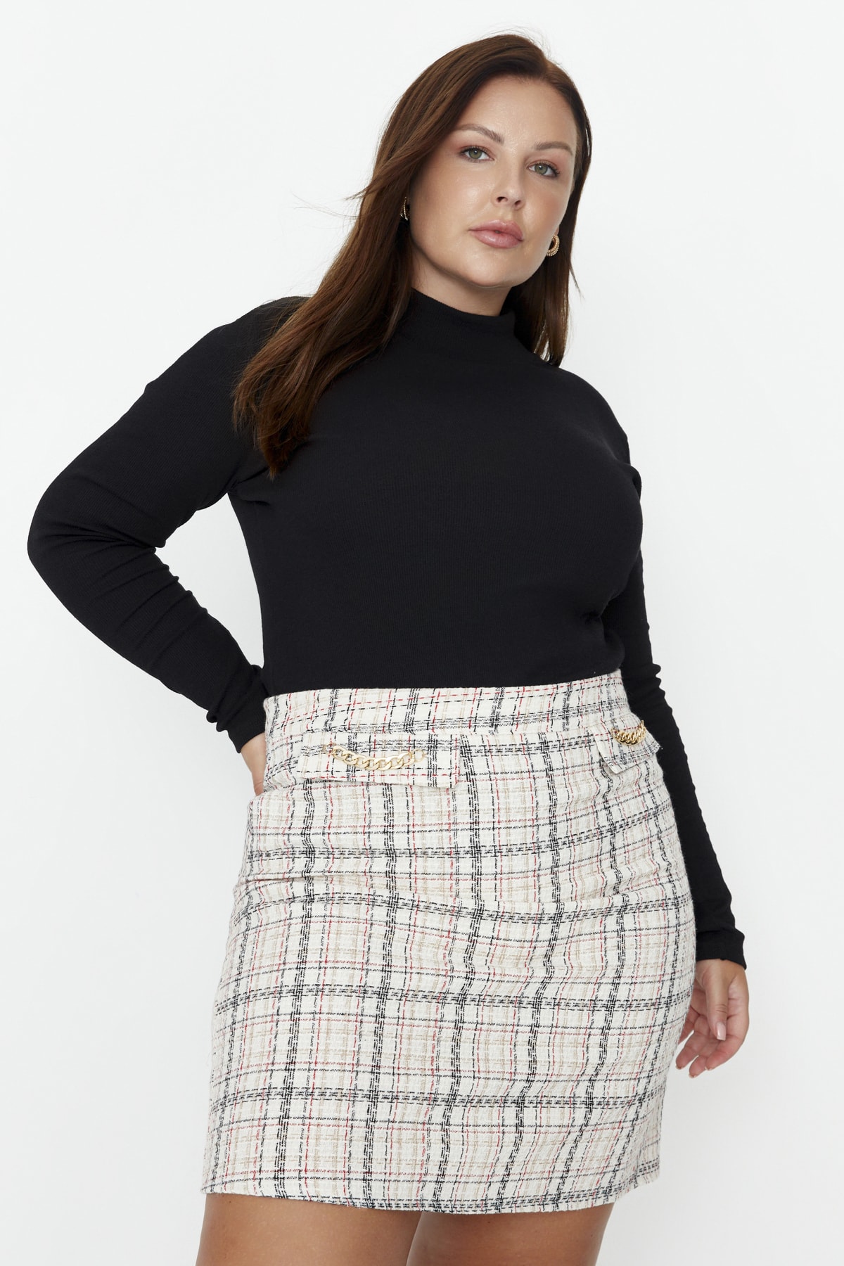 Trendyol Curve Multi-colored Checkered Knitted Tweed Skirt with Chain Detail