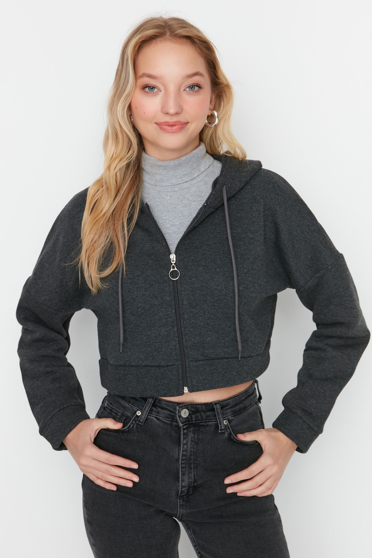 Trendyol Anthracite Zipper Hoodie, Fleece Inner Knitted Sweatshirt