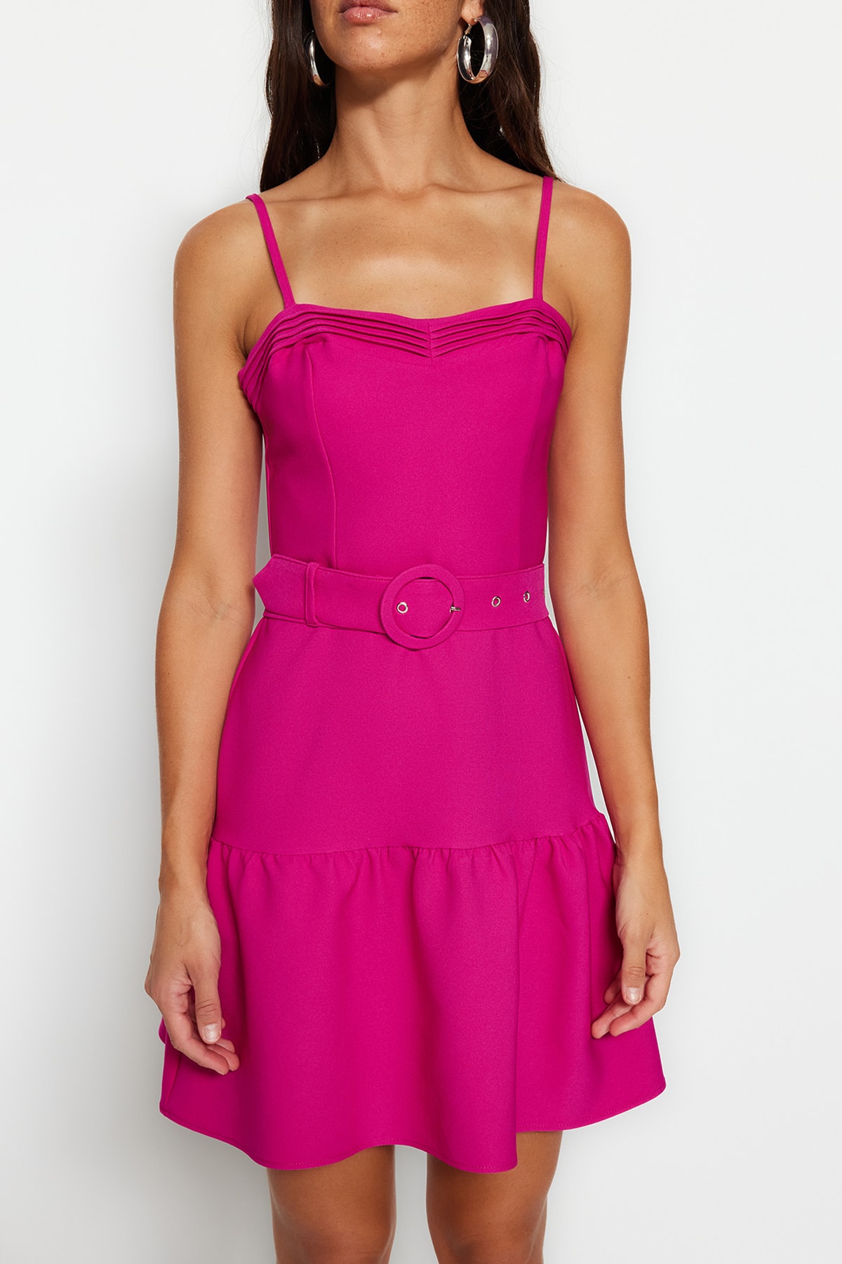 Trendyol Fuchsia Belted Mini țesute Flounce Ribbed Detailed Țesut Rochie