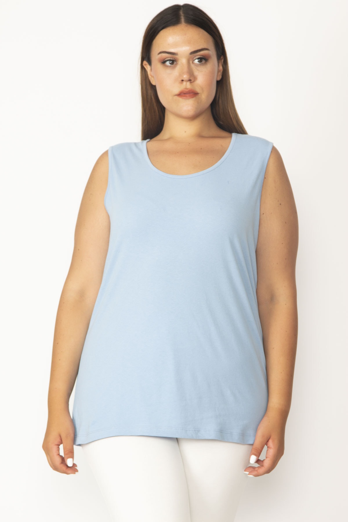 Levně Şans Women's Plus Size Blue Cotton Fabric Crewneck Tank Top