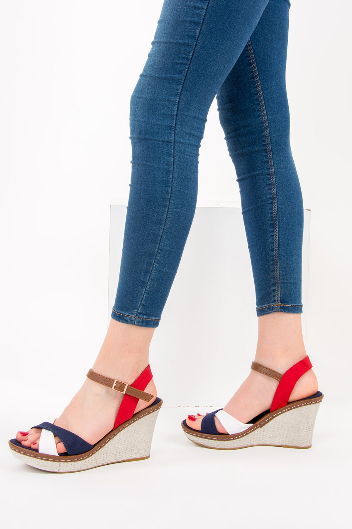 Levně Fox Shoes Navy Blue White Red Women's Wedge Heels Shoes