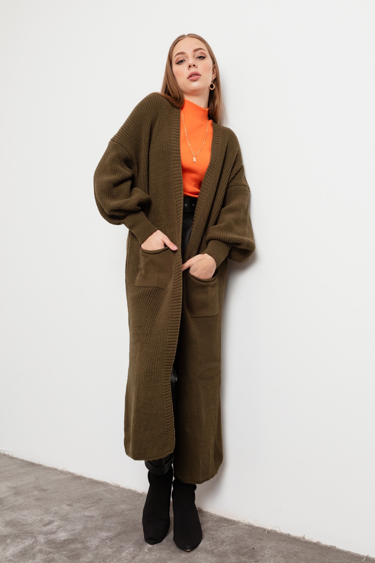 Lafaba Women's Khaki Balloon Sleeve Long Knitwear Cardigan
