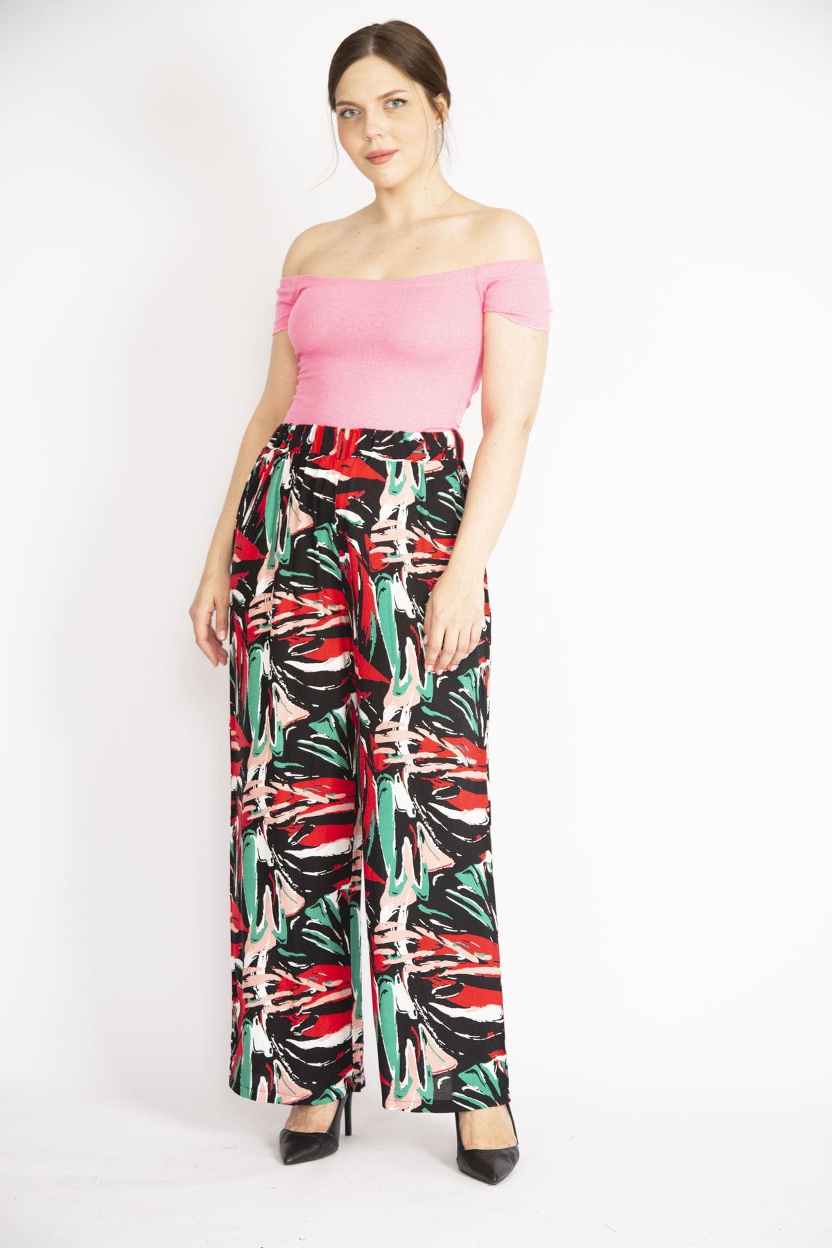 Levně Şans Women's Colorful Plus Size Woven Viscose Fabric Elastic Waist Patterned Trousers