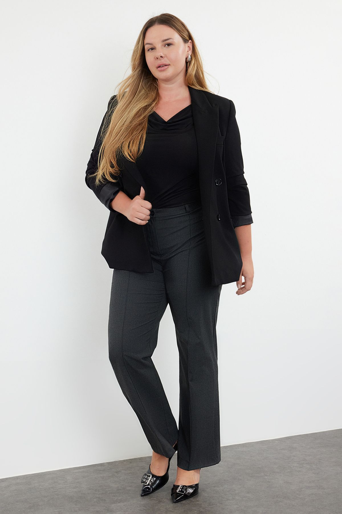 Trendyol Curve Anthracite Premium Rib Stitched Woven Plus Size Trousers