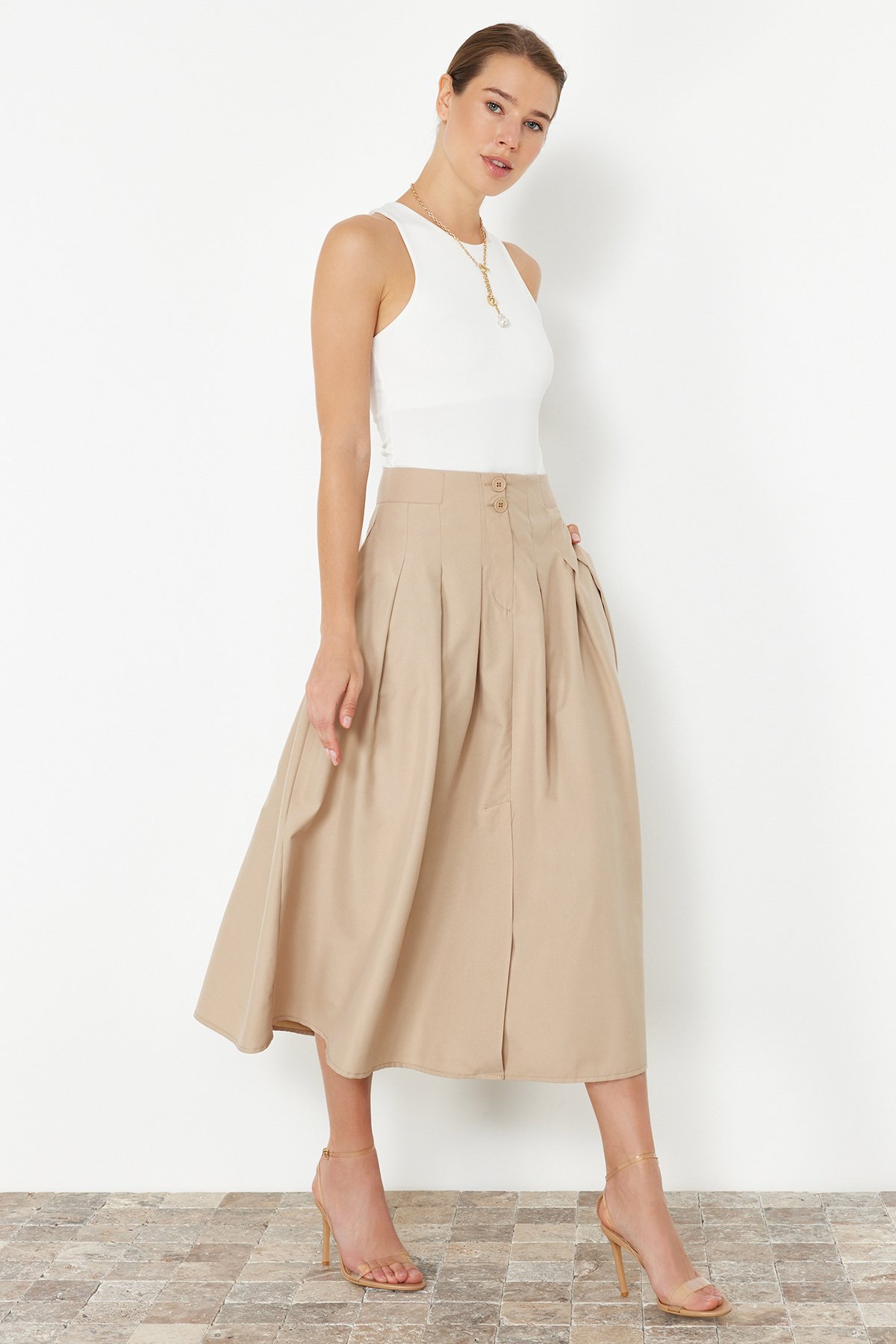 Trendyol Beige Pleat Detailed Front Buttoned Midi Length Woven Skirt