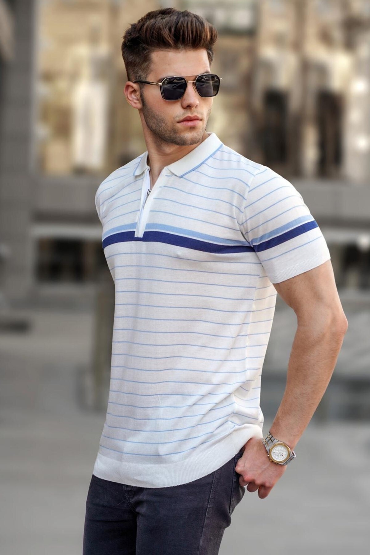Madmext White Striped Polo Neck T-Shirt 5734