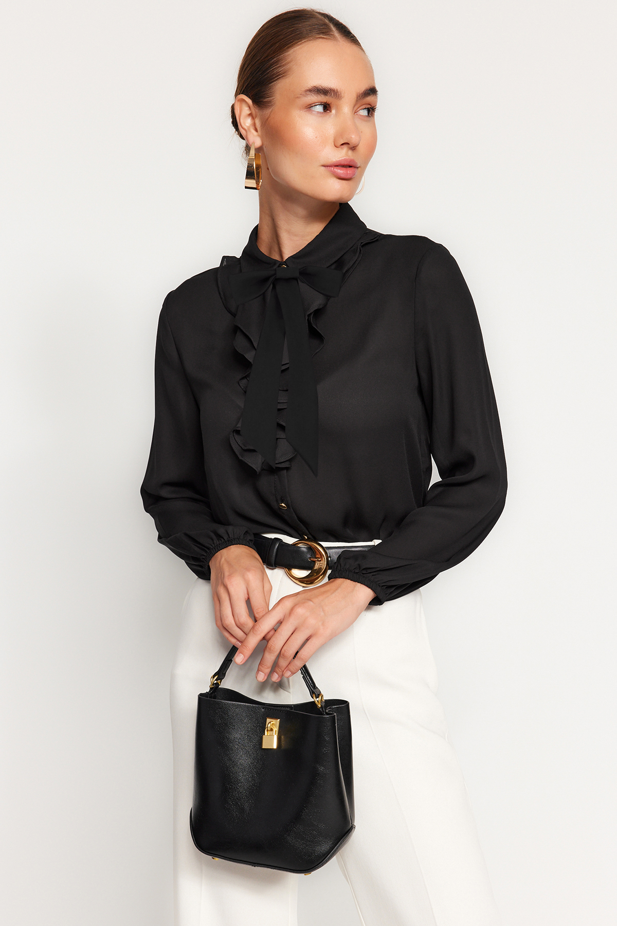Trendyol Black Regular Fit Woven Shirt with Removable Bow
