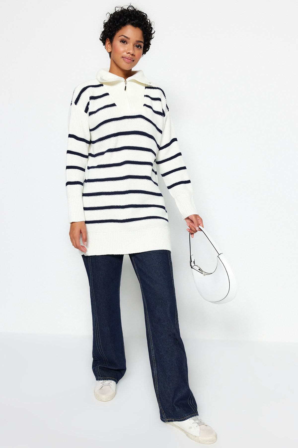 Trendyol Navy Blue Striped Knitwear Sweater With Zippered Collar