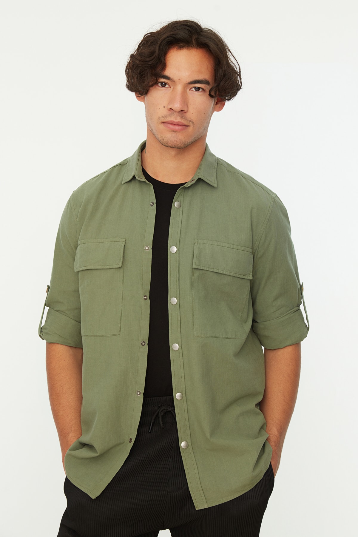 Trendyol Men's Green Regular Fit Shirt Collar Large Pocket Covered Shirt