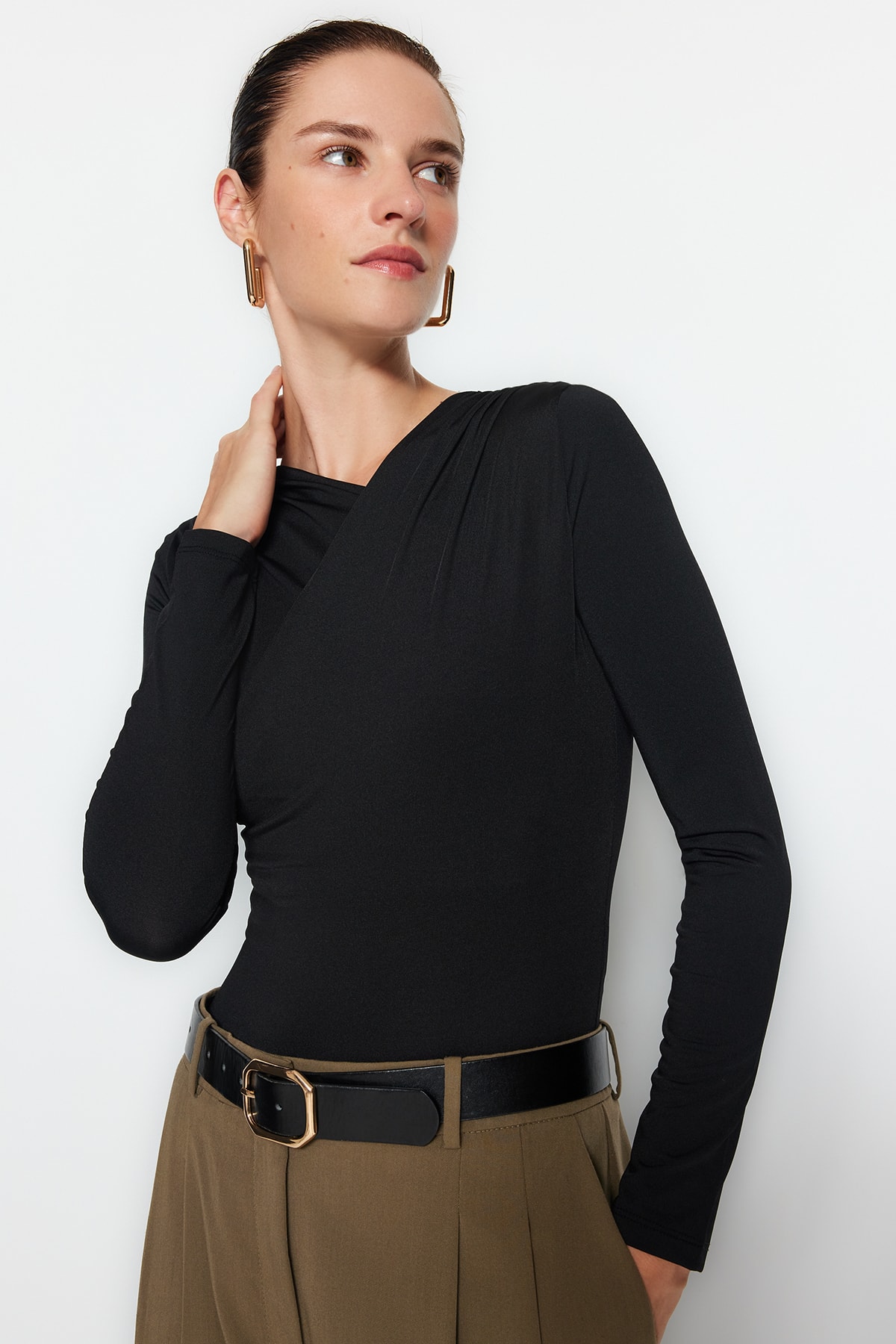 Levně Trendyol Black Collar Detailed Snap Snap Elastic Knitted Bodysuit