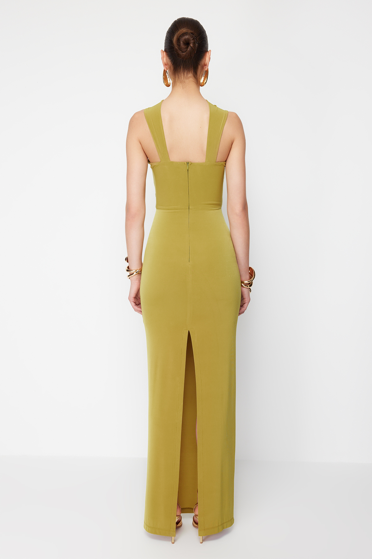 Trendyol X Zeynep Tosun Oil Green Cut Out Knitted Tie Detailed Evening Dress &amp; Graduation Dress