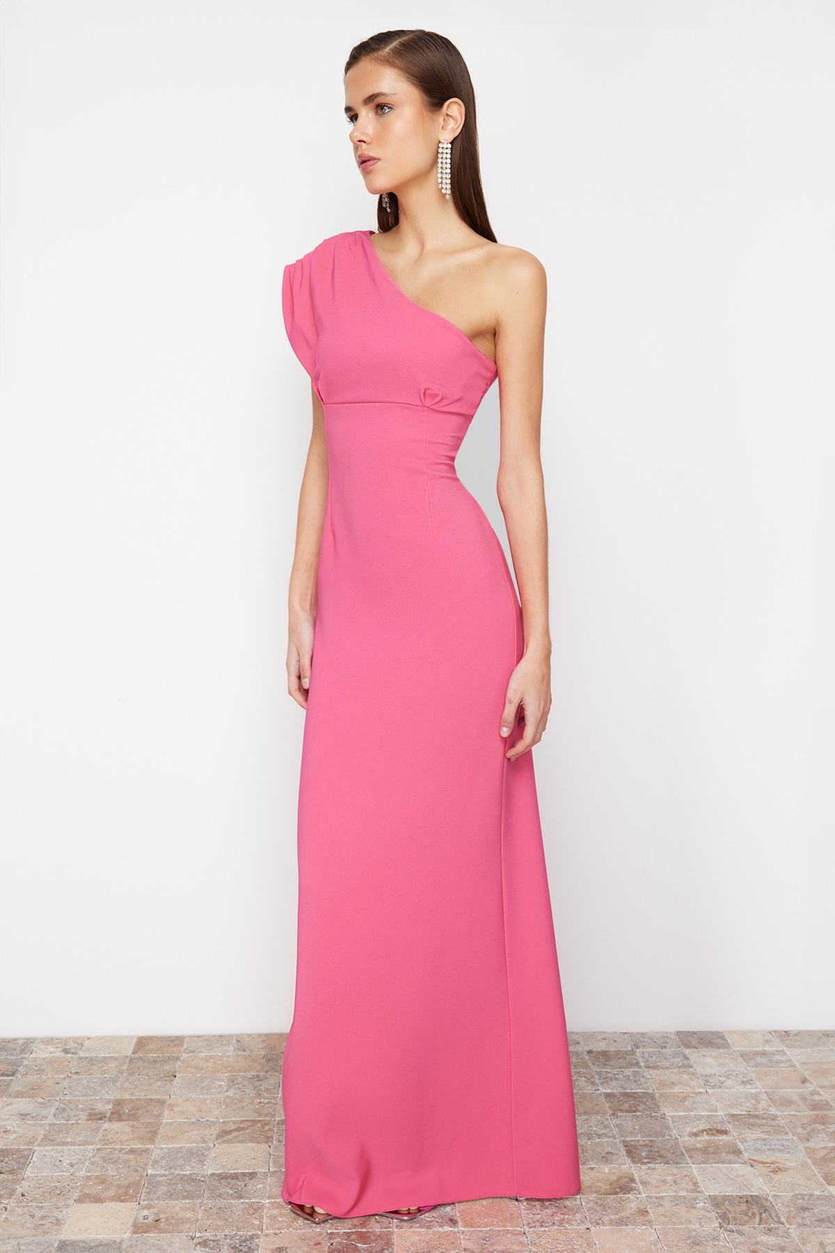 Trendyol Fuchsia Asymmetrical Neckline Woven Long Evening Dress