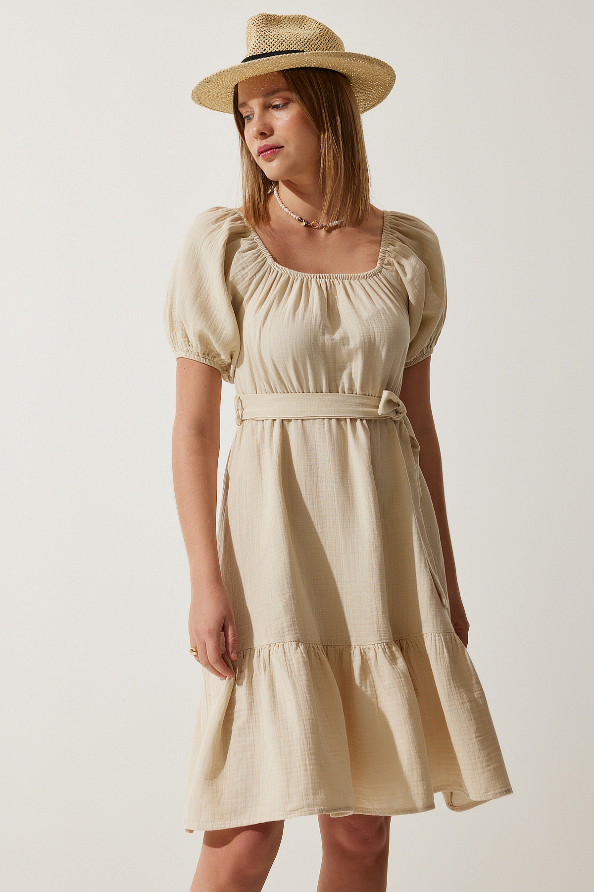 Happiness İstanbul Women's Cream Carmen Collar Belted Summer Muslin Dress