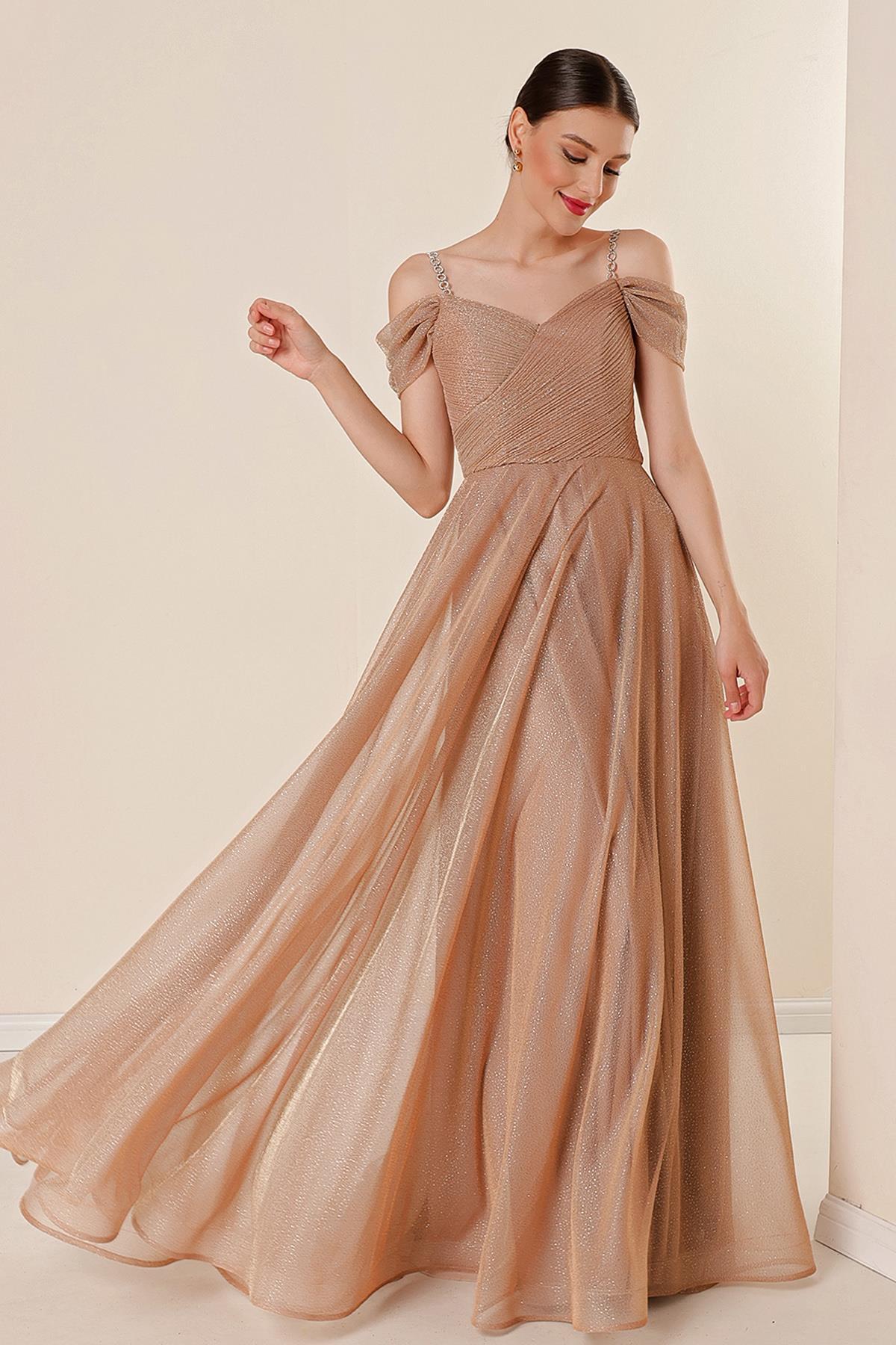 Levně By Saygı Strappy Low Sleeves Lined Long Glitter Dress with Wide Size Range