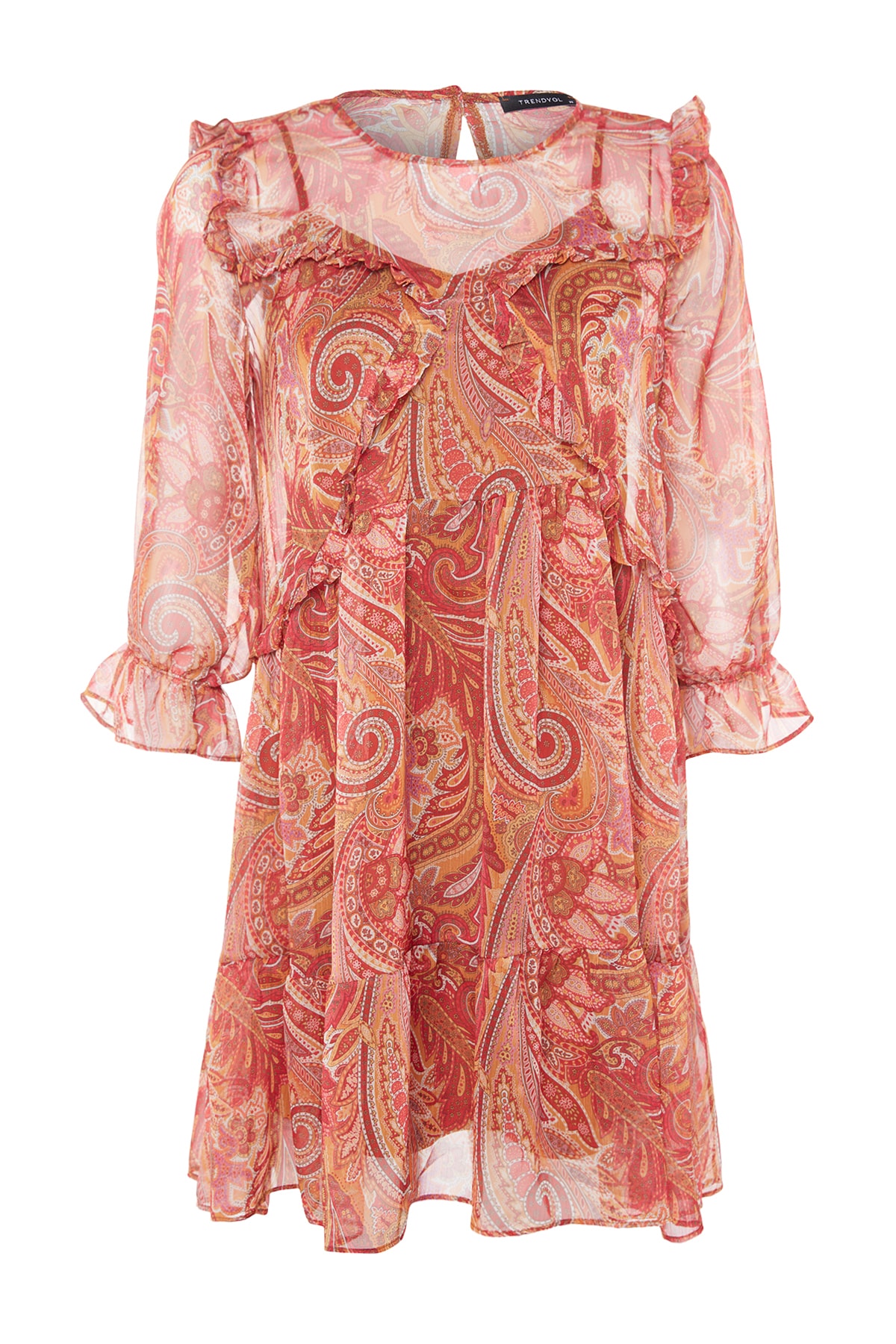 Trendyol Tile Plain Cut Mini Weave Chiffon Lined Ruffle Paisley Model Rochie Rochie