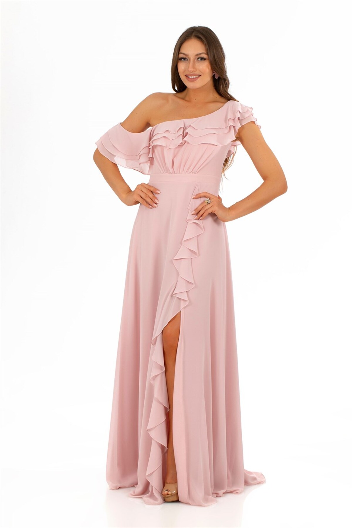 Levně Carmen Powder Chiffon Off Shoulder Flounce Slit Evening Dress