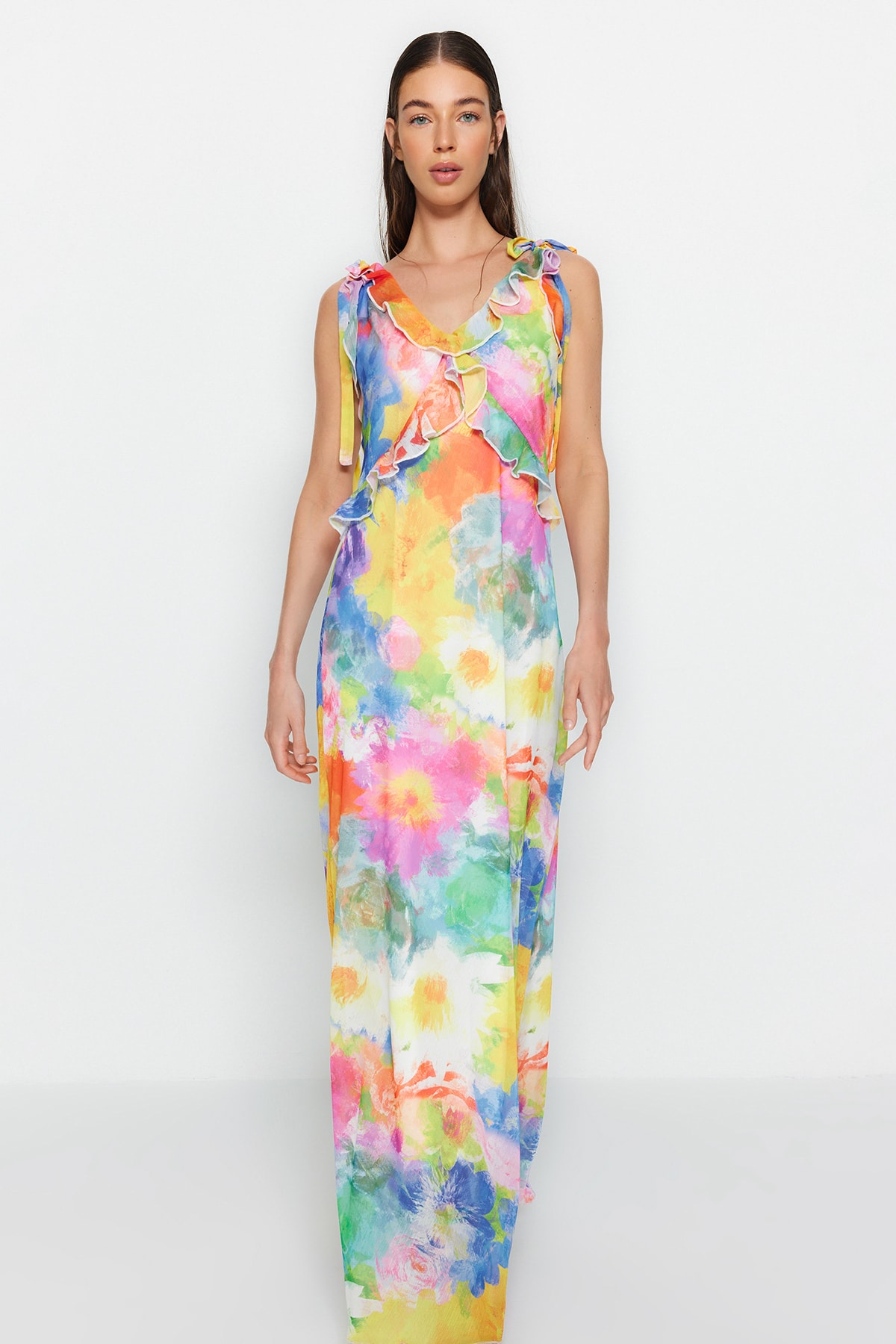 Trendyol Multicolored, Plain Cut, Woven Ruffle Detailed Floral Dress