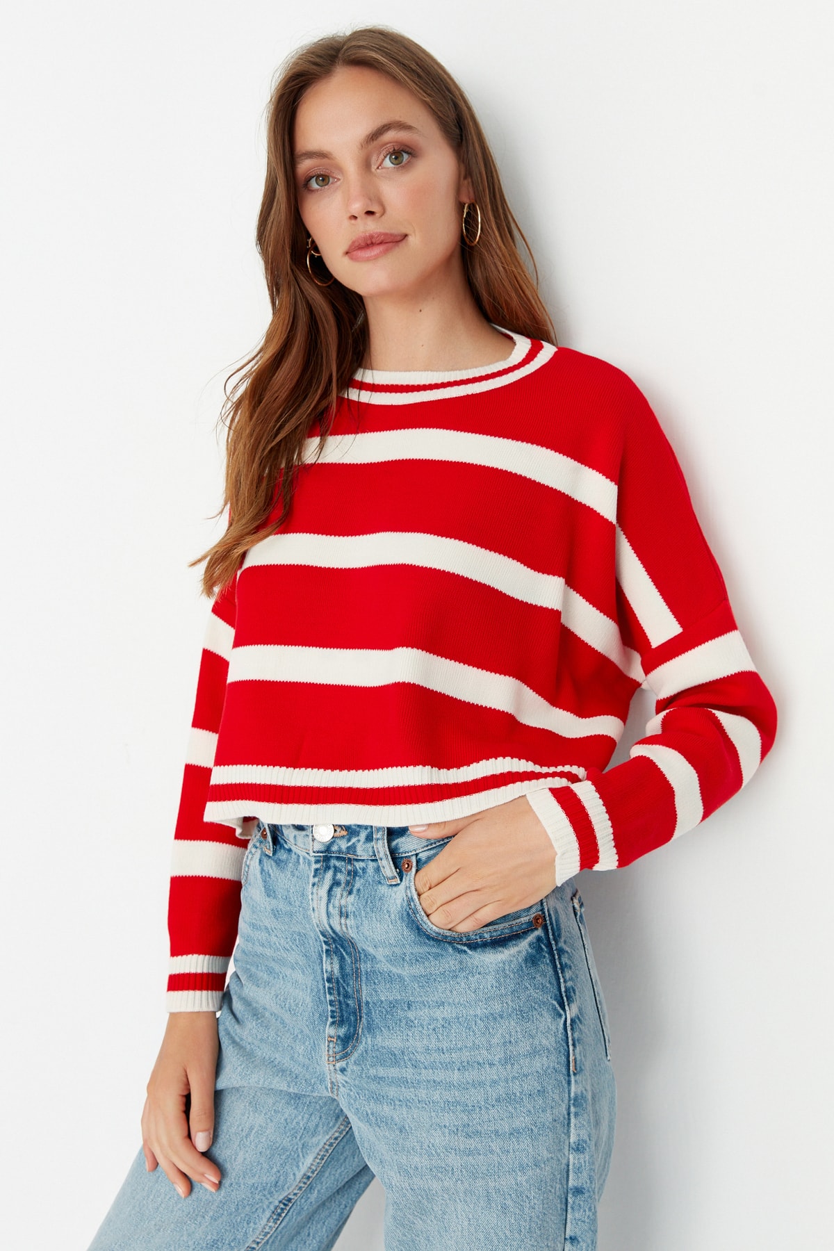 Trendyol Red Crop Striped Knitwear Sweater