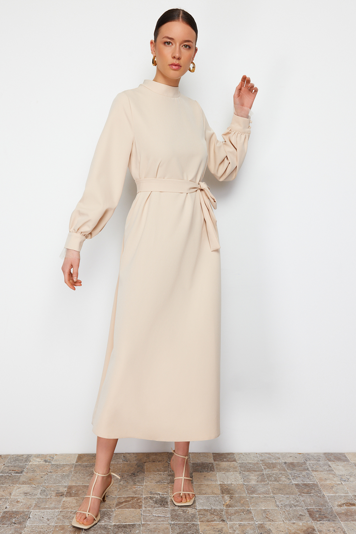 Trendyol Beige Stand Collar Belt Detailed Woven Dress