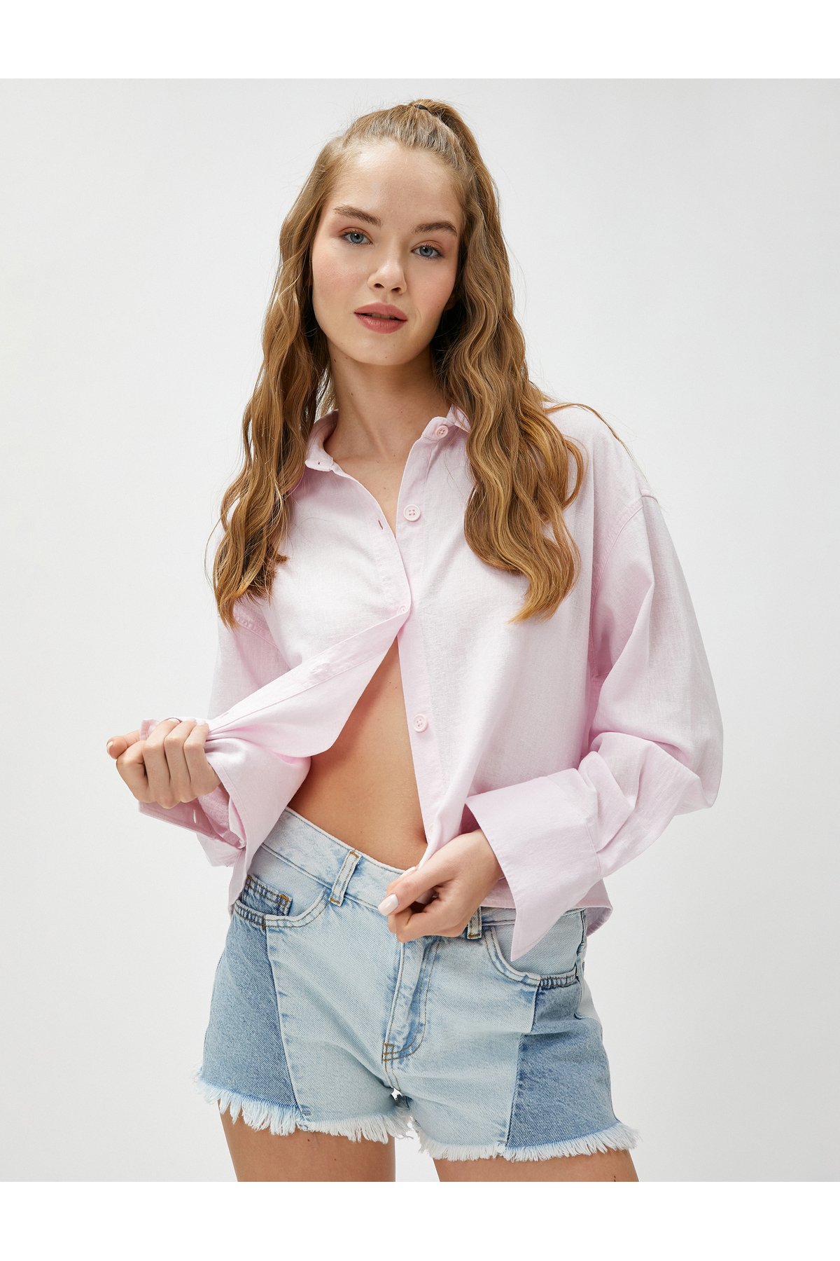 Levně Koton Oversize Shirt Linen-Mixed Crop Long Sleeve with Buttons