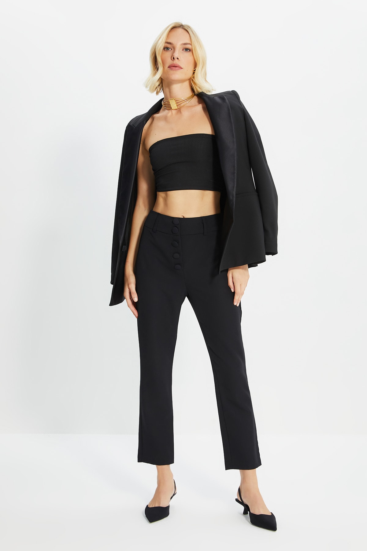 Trendyol Black Button pantaloni de țigară detaliate