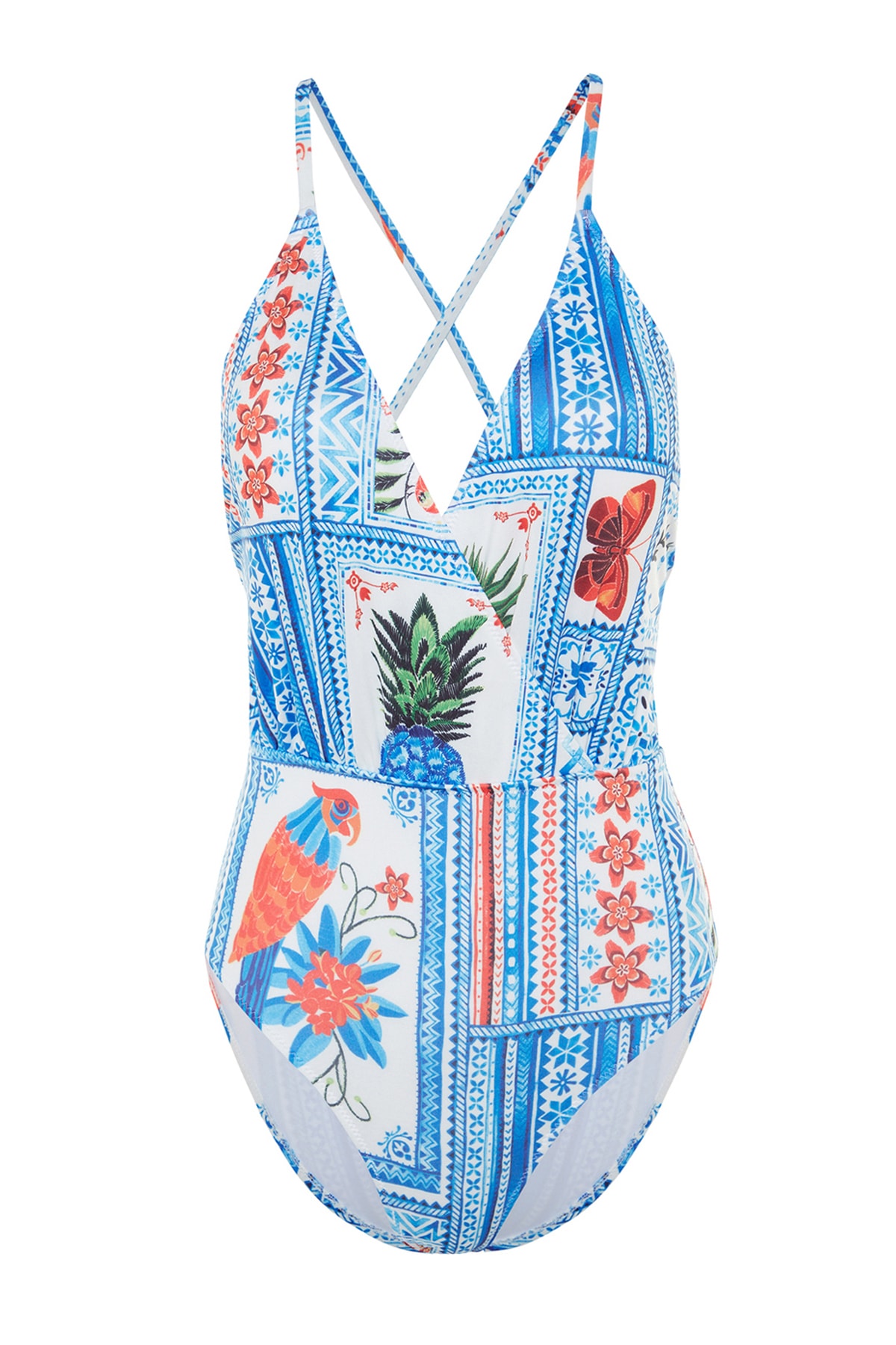 Trendyol Tropical Patterned Double Breasted Regular Leg Swimsuit