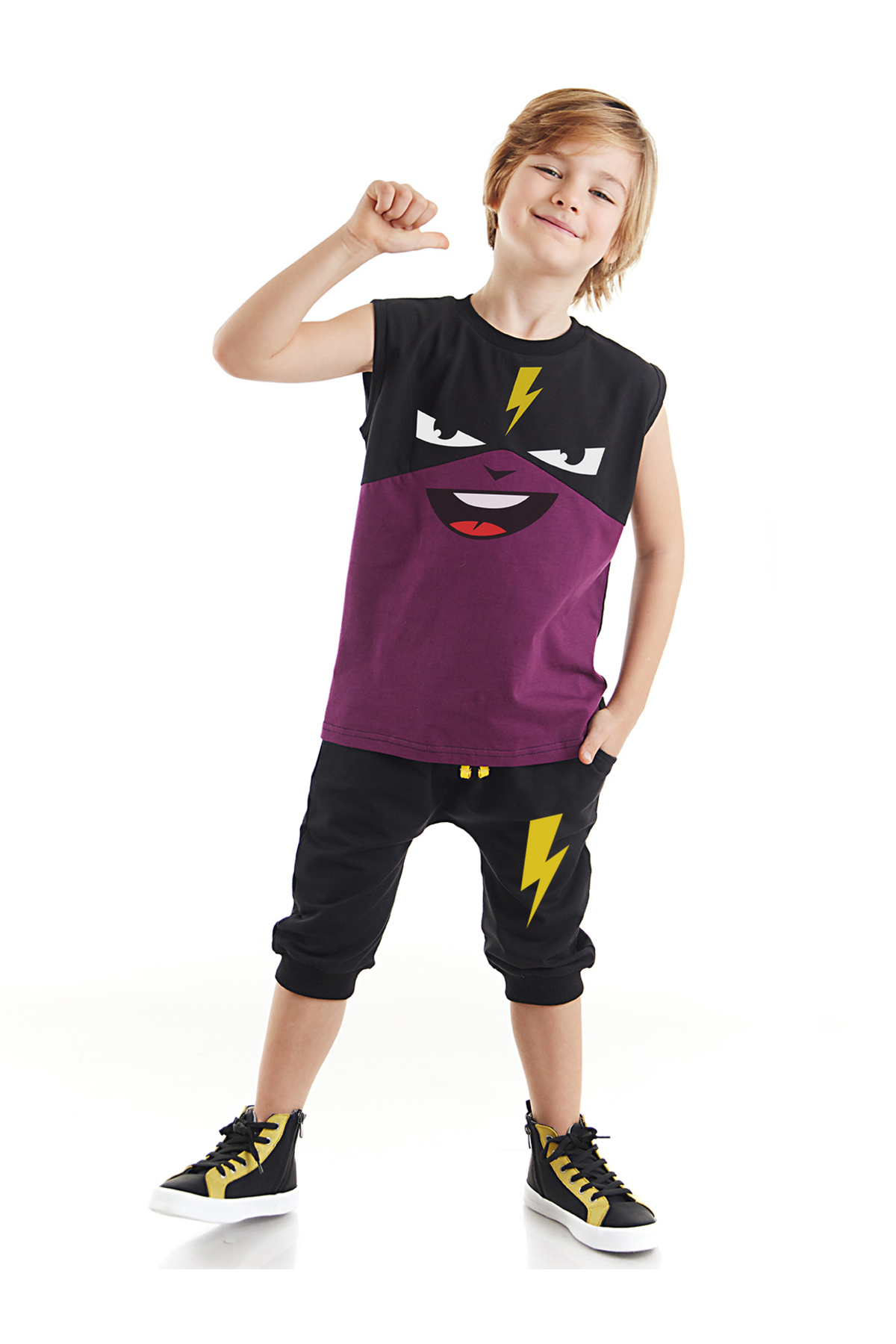 Levně Denokids Lightning Lightning Mask Boy T-shirt Capri Shorts Current