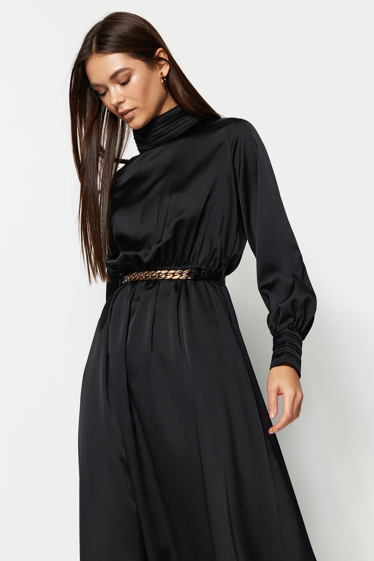 Trendyol Black Evening Dress with Draping Detail and Belt.