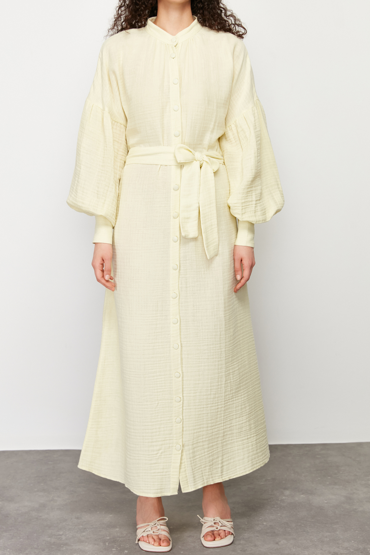 Trendyol Mint Lined Balloon Sleeve Plain Woven Dress