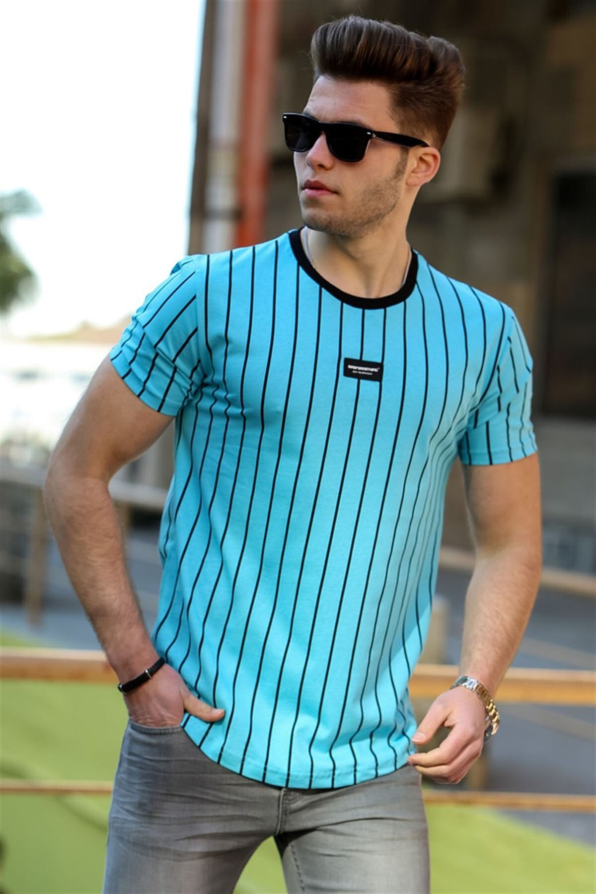 Levně Madmext Men's Striped Blue T-Shirt 4522