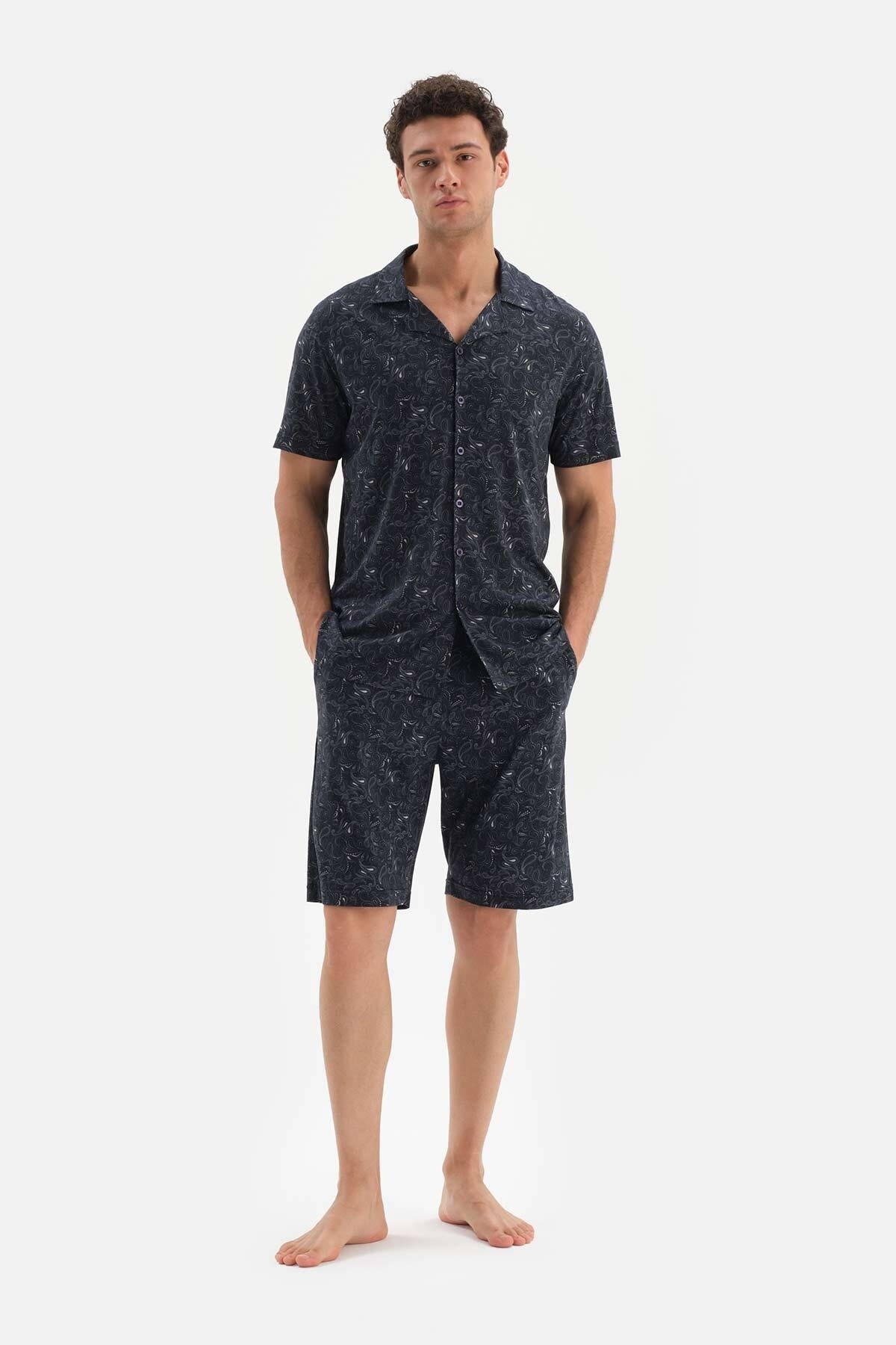 Dagi Navy Blue Shirt Collar Pajama Set with Pajama Pattern Knitted Shorts