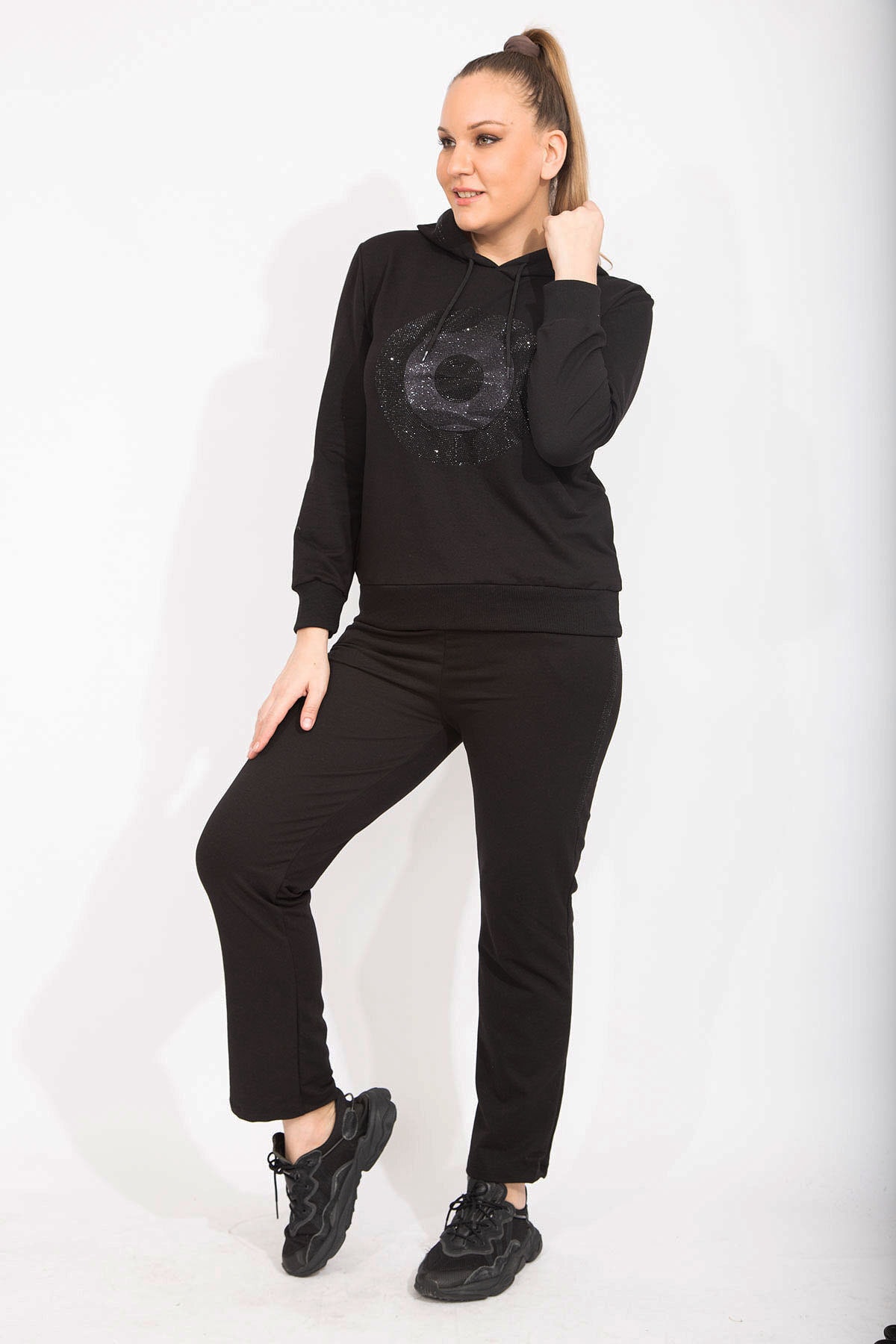Şans Women's Plus Size Black Stone Detail Hooded Sweatshirt Trousers Double Suit