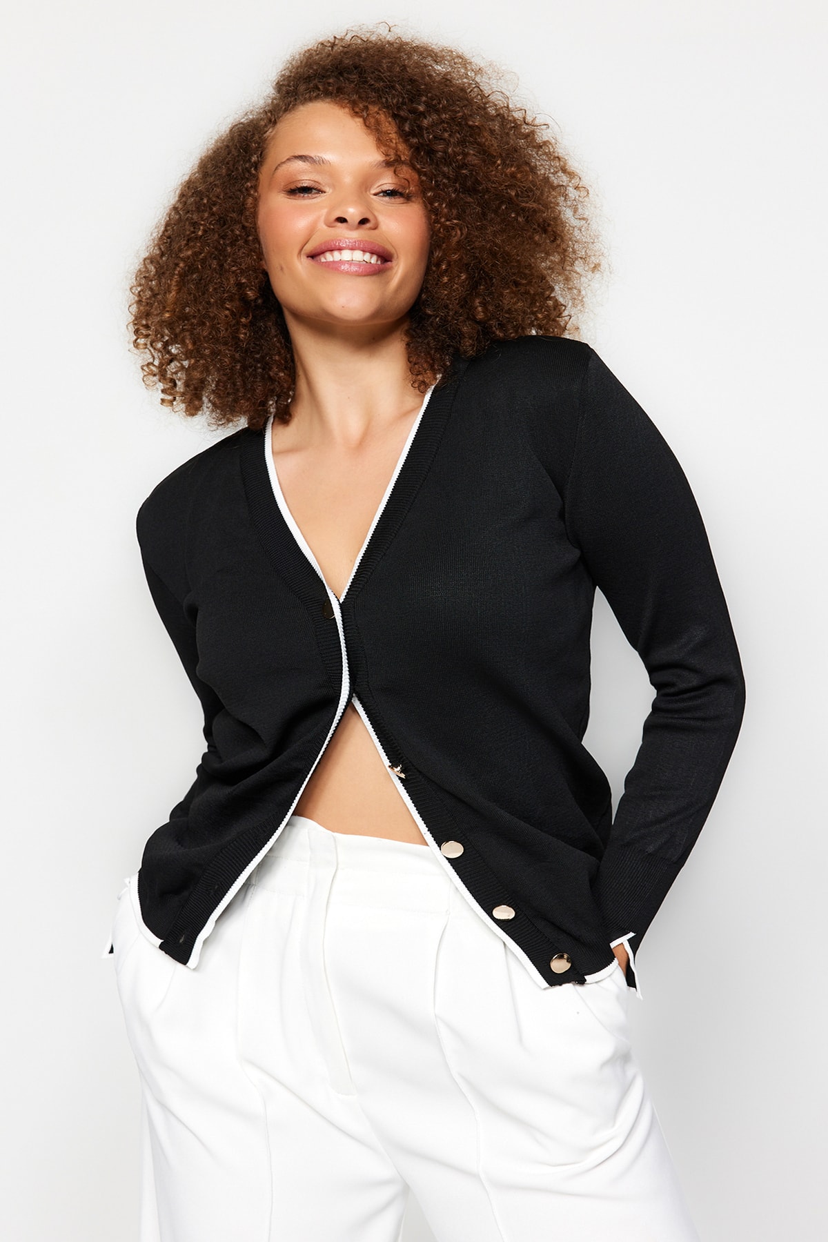 Trendyol Curve Black Gold Button Detailed Striped Knitwear Cardigan