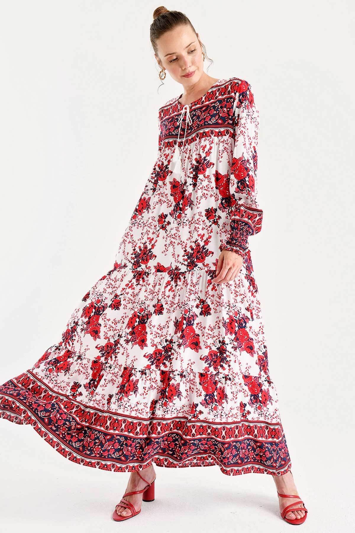 Bigdart Women's Red Sleeve Gathered Robe Floral Pattern Dress