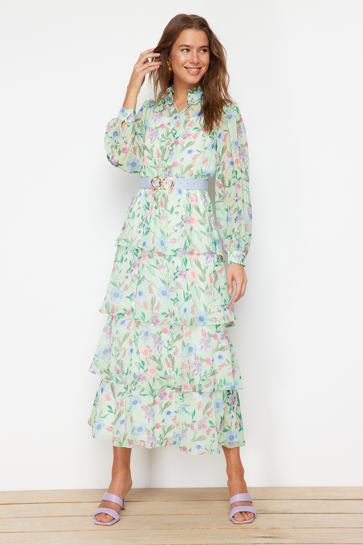 Trendyol Green Belt Lined Chiffon Floral Woven Dress