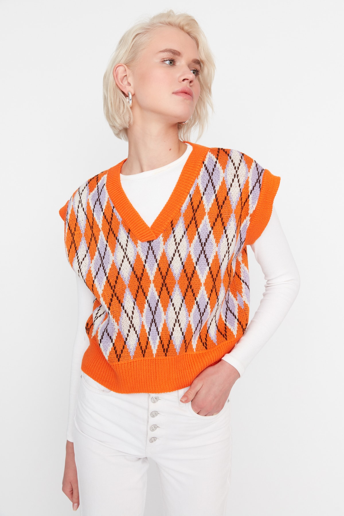 Trendyol Orange V-Neck Knitwear Sweater
