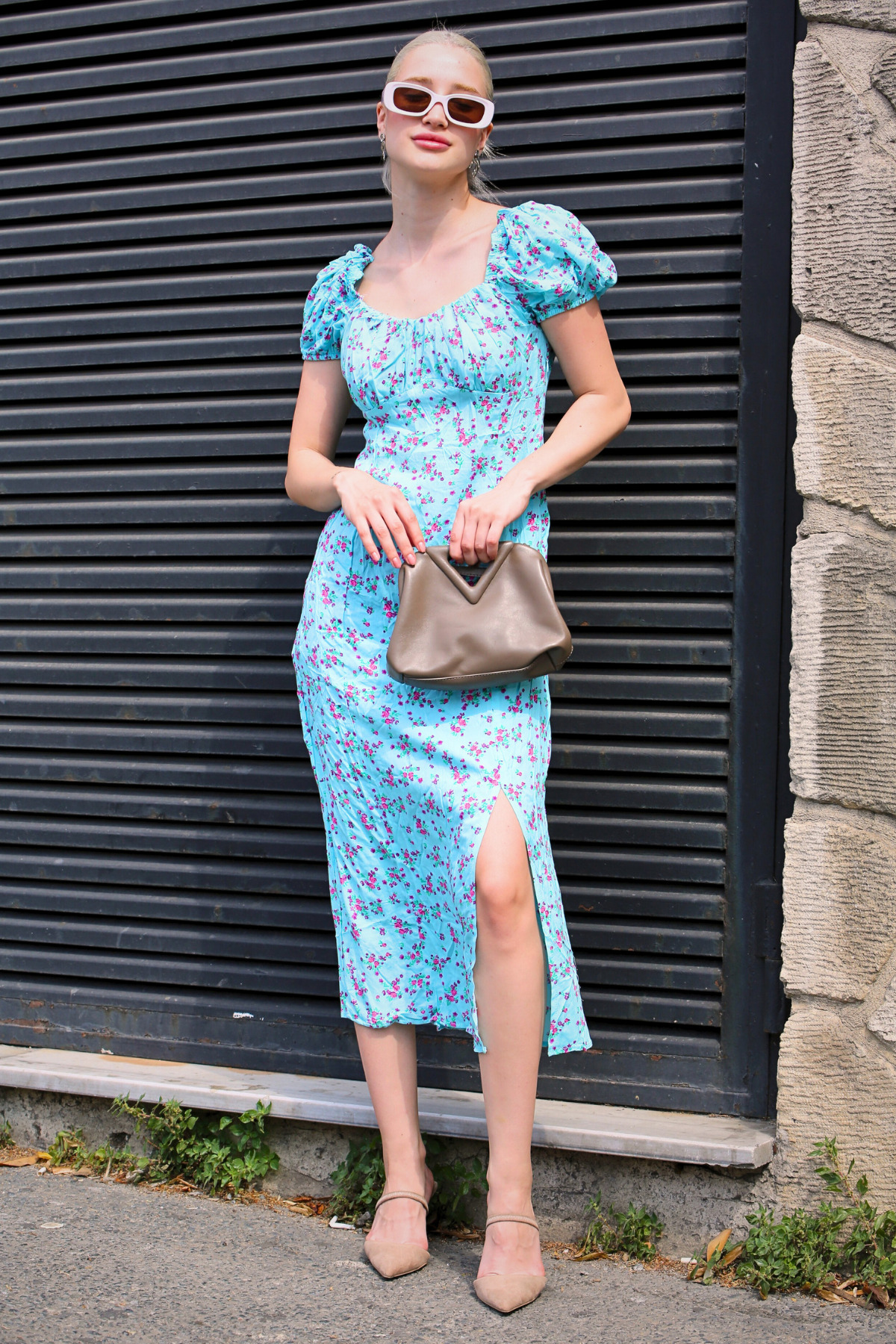 Madmext Blue Floral Pattern Slit Dress