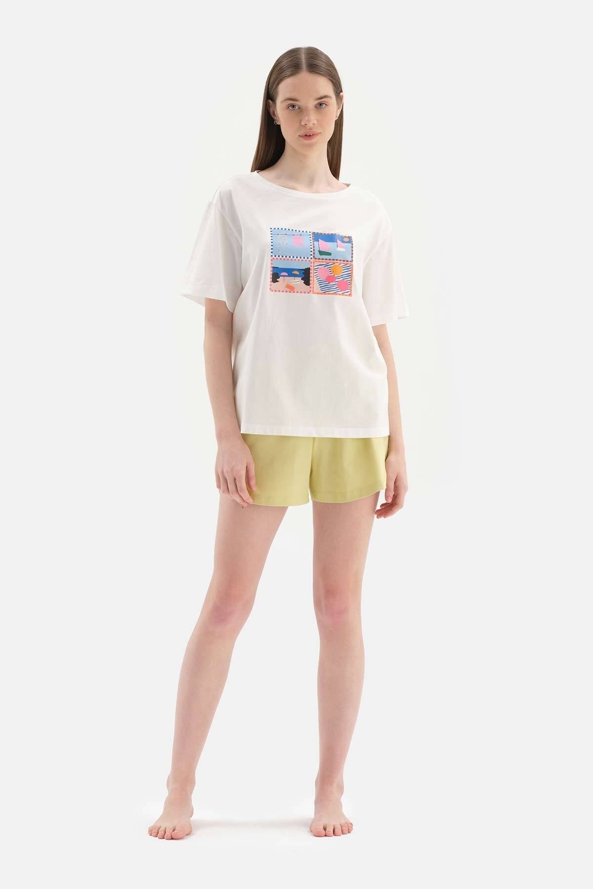 Levně Dagi White Short Sleeve Print Detailed Pajamas Set with Shorts