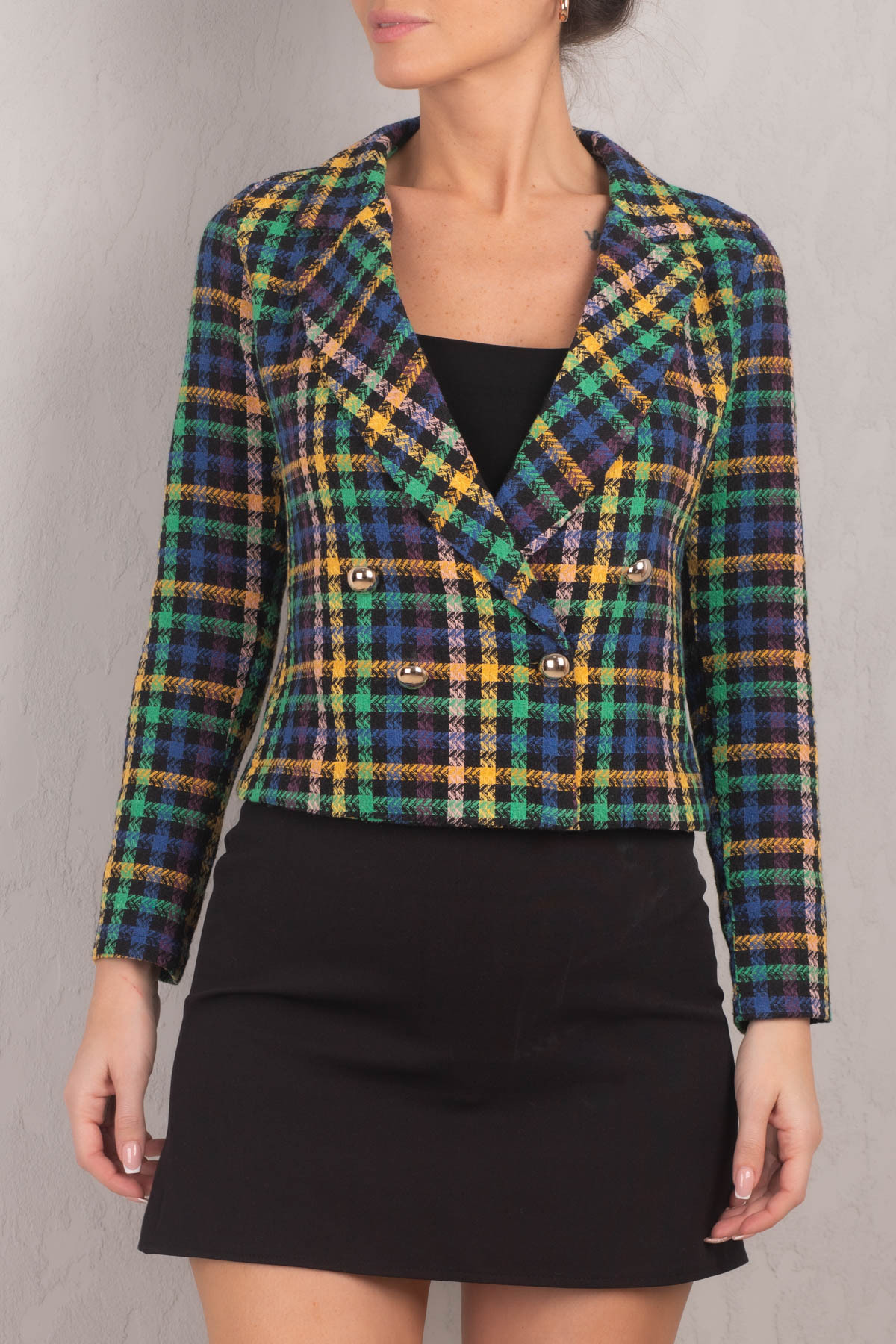armonika Women's Mustard Double Breasted Collar Tweed Crop Jacket