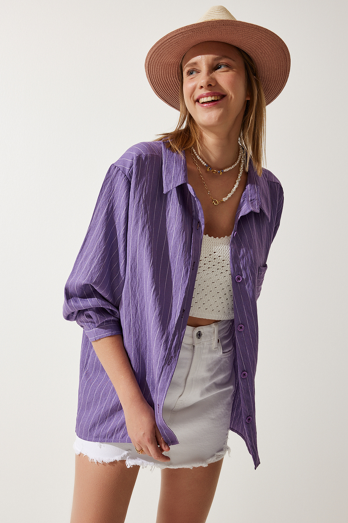 Happiness İstanbul Women's Purple Striped Pocket Viscose Shirt
